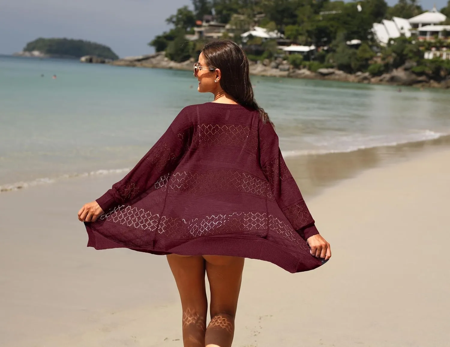 GRECERELLE Women's Lightweight Crochet Long Sleeve Loose Casual Open Front Cardigan Drape Sweaters Boho Summer Beach Coverups