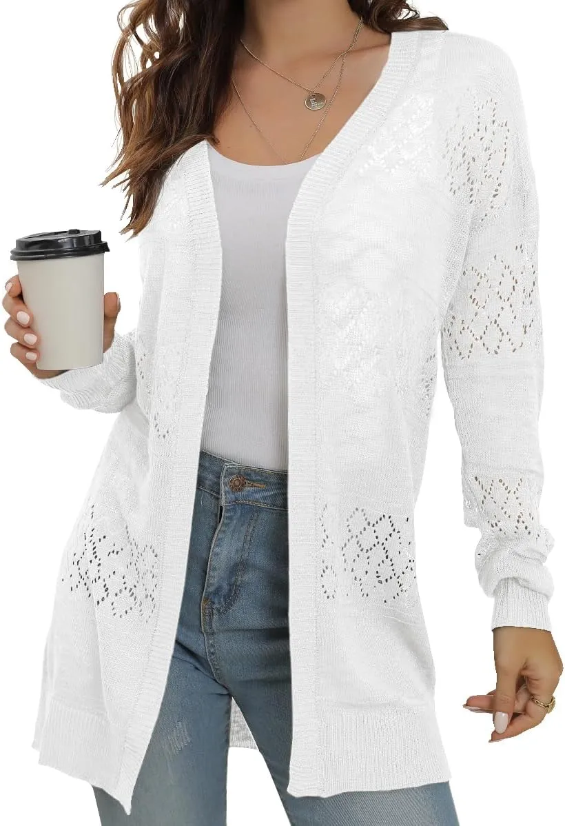 GRECERELLE Women's Lightweight Crochet Long Sleeve Loose Casual Open Front Cardigan Drape Sweaters Boho Summer Beach Coverups