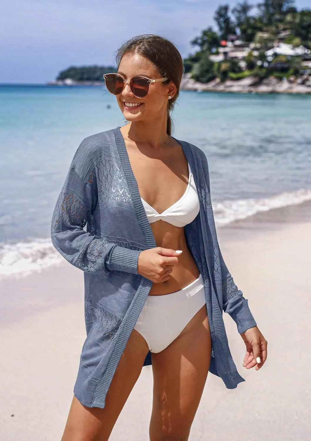 GRECERELLE Women's Lightweight Crochet Long Sleeve Loose Casual Open Front Cardigan Drape Sweaters Boho Summer Beach Coverups