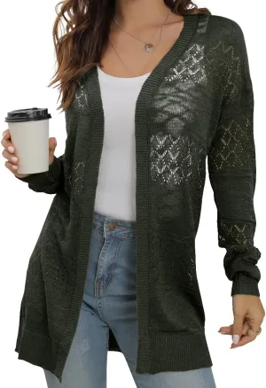 GRECERELLE Women's Lightweight Crochet Long Sleeve Loose Casual Open Front Cardigan Drape Sweaters Boho Summer Beach Coverups