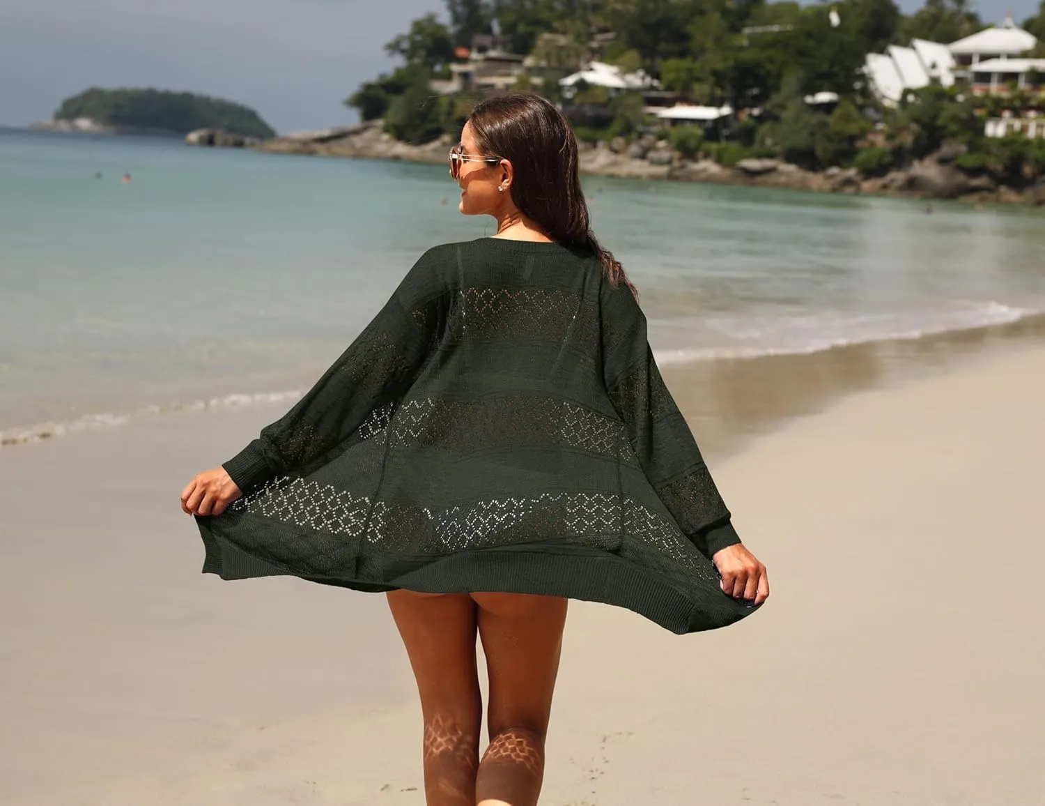 GRECERELLE Women's Lightweight Crochet Long Sleeve Loose Casual Open Front Cardigan Drape Sweaters Boho Summer Beach Coverups