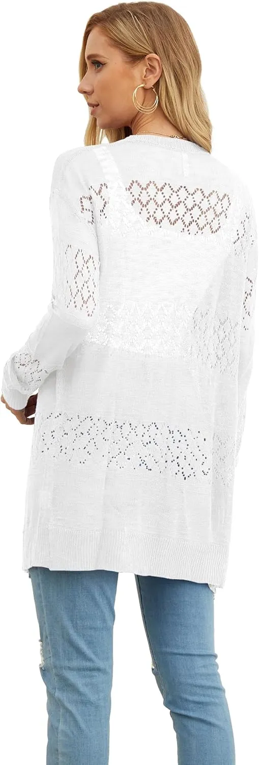GRECERELLE Women's Lightweight Crochet Long Sleeve Loose Casual Open Front Cardigan Drape Sweaters Boho Summer Beach Coverups