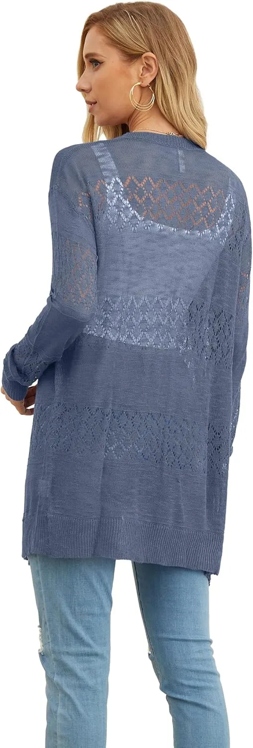 GRECERELLE Women's Lightweight Crochet Long Sleeve Loose Casual Open Front Cardigan Drape Sweaters Boho Summer Beach Coverups