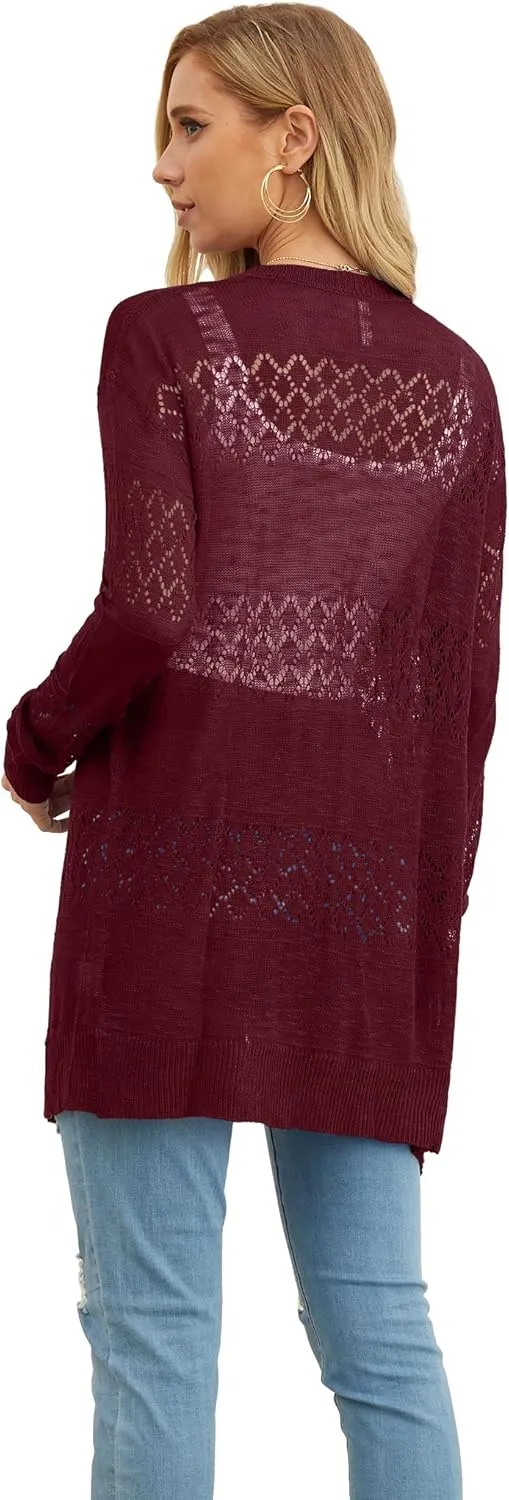 GRECERELLE Women's Lightweight Crochet Long Sleeve Loose Casual Open Front Cardigan Drape Sweaters Boho Summer Beach Coverups
