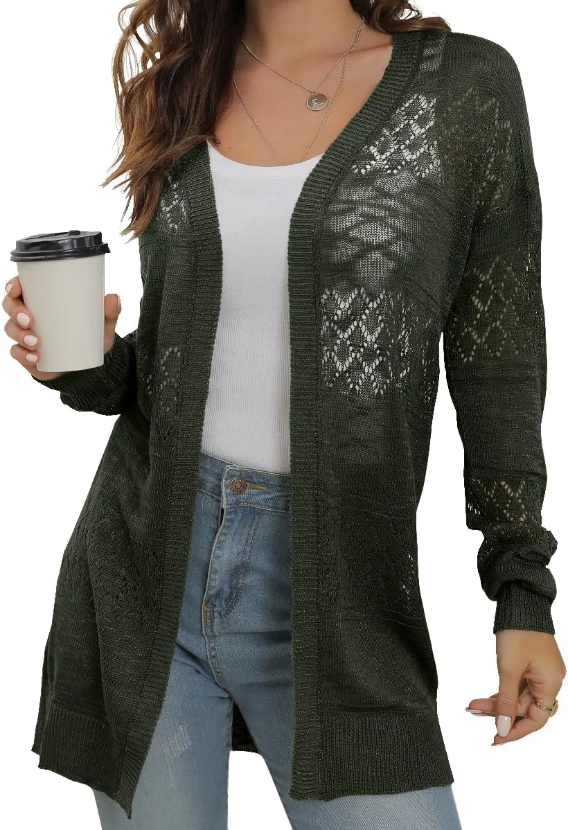 GRECERELLE Women's Lightweight Crochet Long Sleeve Loose Casual Open Front Cardigan Drape Sweaters Boho Summer Beach Coverups