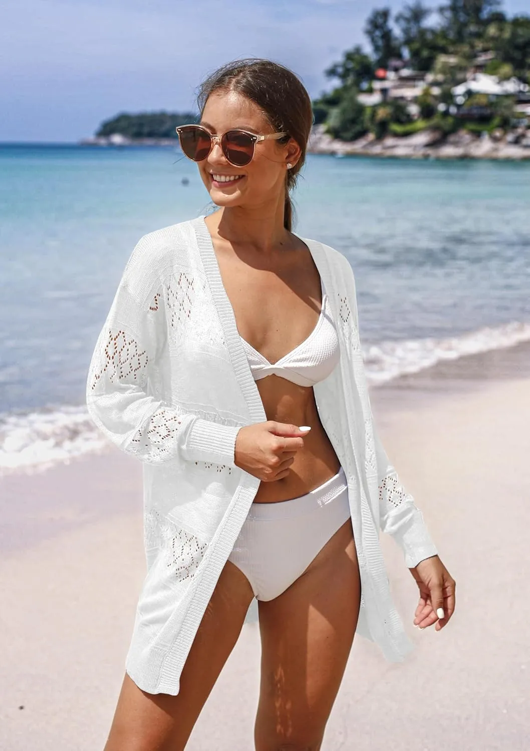 GRECERELLE Women's Lightweight Crochet Long Sleeve Loose Casual Open Front Cardigan Drape Sweaters Boho Summer Beach Coverups