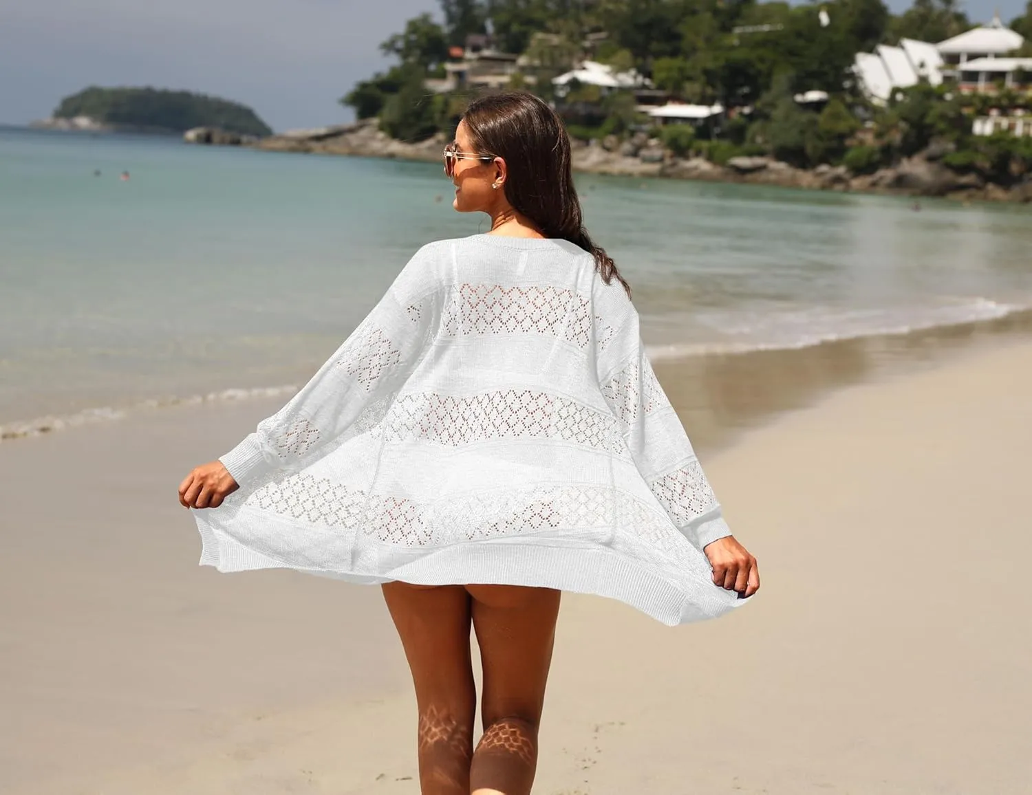 GRECERELLE Women's Lightweight Crochet Long Sleeve Loose Casual Open Front Cardigan Drape Sweaters Boho Summer Beach Coverups