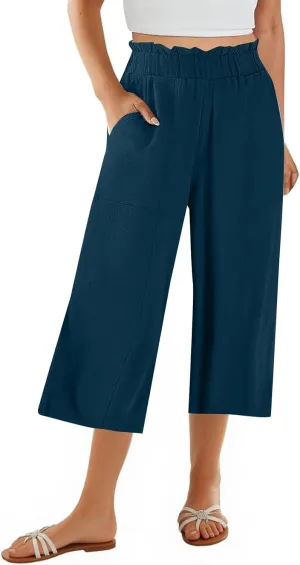 Gumipy Cotton Capri Pants for Women Smocked Elastic Waisted Wide Leg Linen Pants Loose Palazzo Cropped Trousers with Pockets