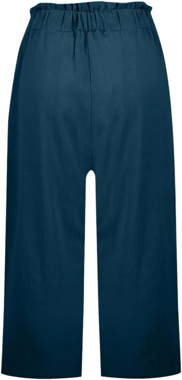 Gumipy Cotton Capri Pants for Women Smocked Elastic Waisted Wide Leg Linen Pants Loose Palazzo Cropped Trousers with Pockets