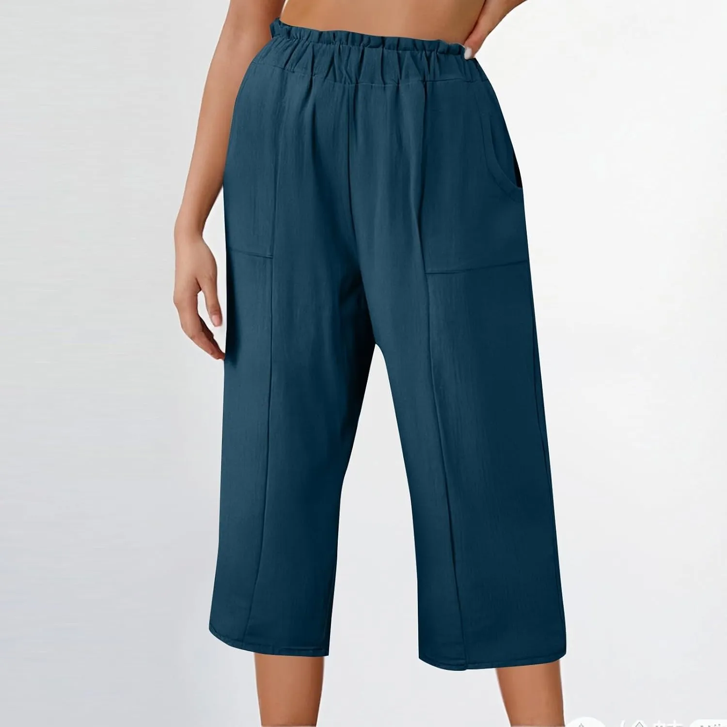 Gumipy Cotton Capri Pants for Women Smocked Elastic Waisted Wide Leg Linen Pants Loose Palazzo Cropped Trousers with Pockets