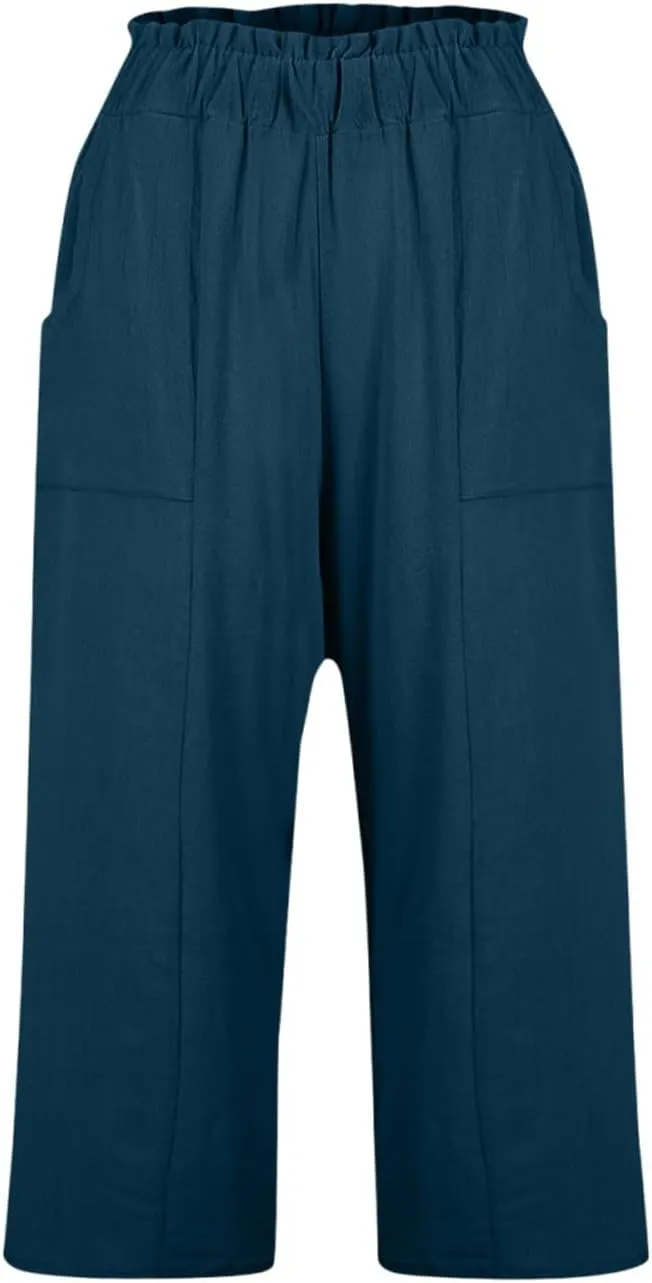 Gumipy Cotton Capri Pants for Women Smocked Elastic Waisted Wide Leg Linen Pants Loose Palazzo Cropped Trousers with Pockets