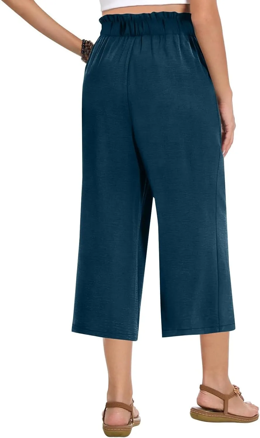 Gumipy Cotton Capri Pants for Women Smocked Elastic Waisted Wide Leg Linen Pants Loose Palazzo Cropped Trousers with Pockets