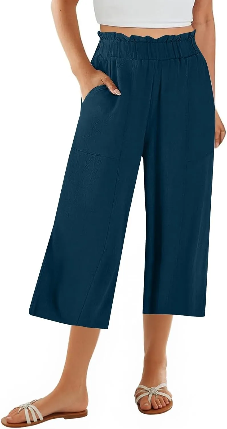 Gumipy Cotton Capri Pants for Women Smocked Elastic Waisted Wide Leg Linen Pants Loose Palazzo Cropped Trousers with Pockets