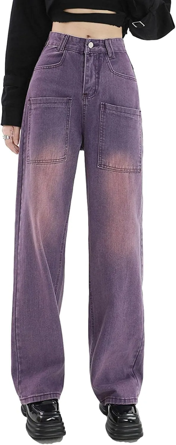 HALITOSS Women's High Waist Denim Jeans Vintage Streetwear Straight Trousers Casual Loose Long Pants