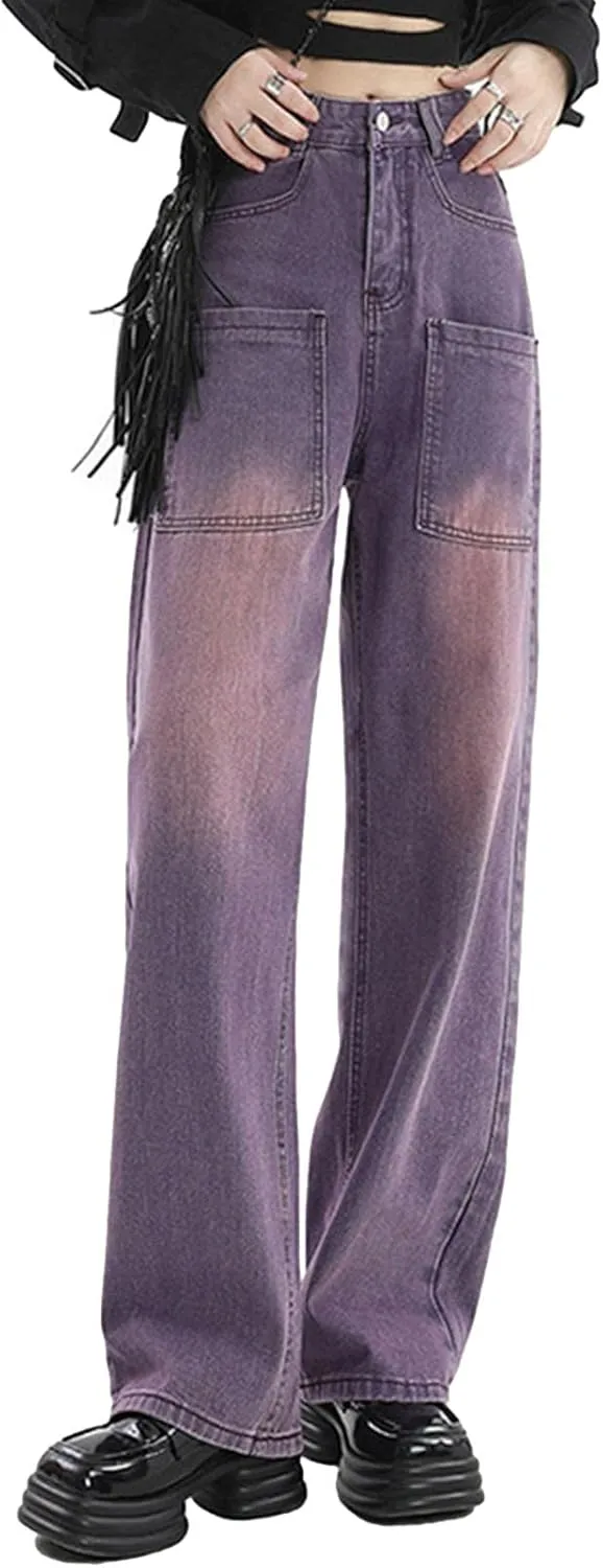 HALITOSS Women's High Waist Denim Jeans Vintage Streetwear Straight Trousers Casual Loose Long Pants