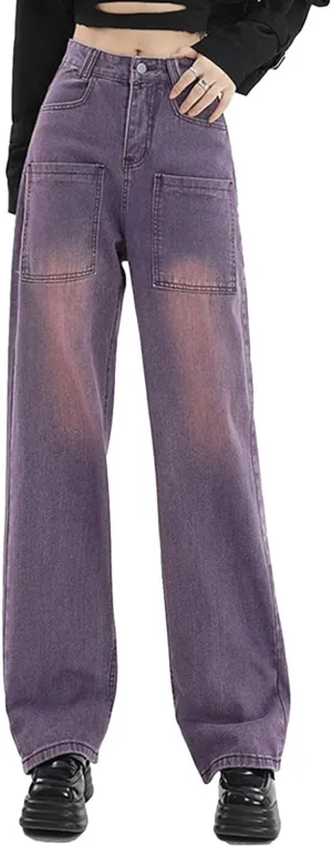 HALITOSS Women's High Waist Denim Jeans Vintage Streetwear Straight Trousers Casual Loose Long Pants