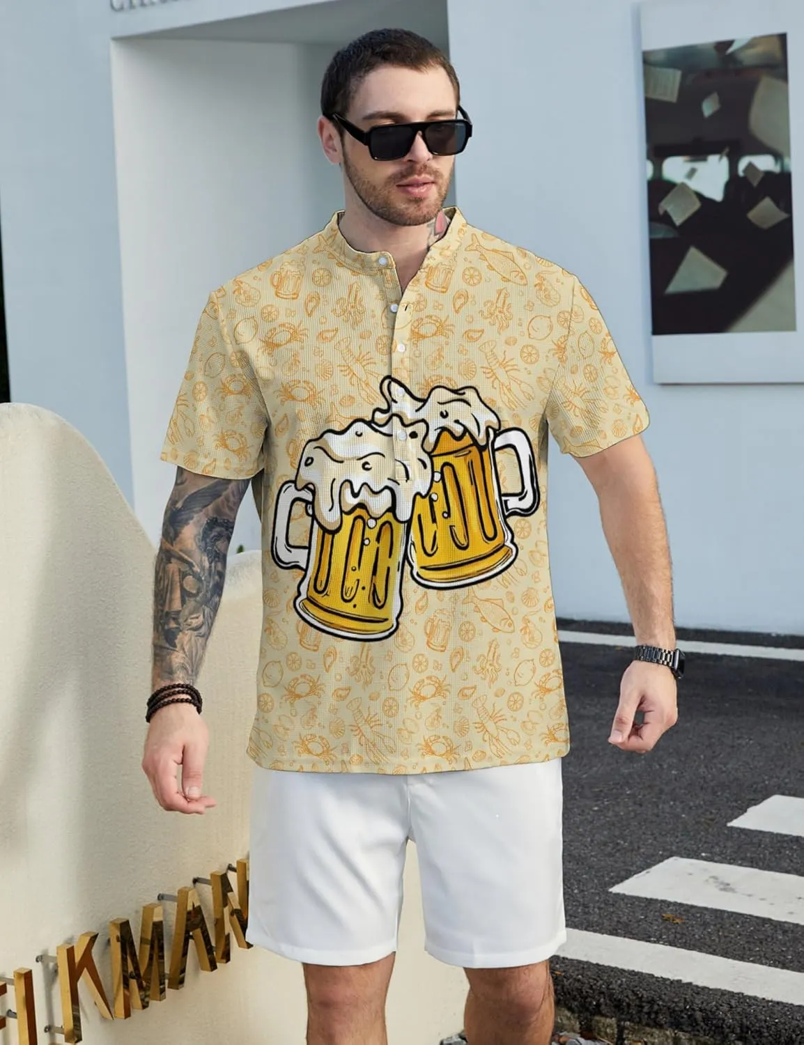 Hawaiian Mens Henley Polo Shirts Short Sleeve Quick Dry Funny Print Casual Collarless Golf Shirts for Men