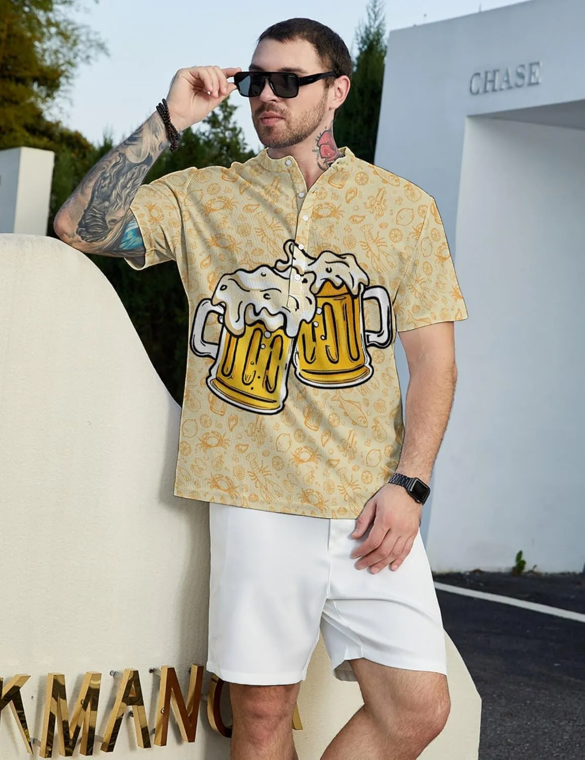 Hawaiian Mens Henley Polo Shirts Short Sleeve Quick Dry Funny Print Casual Collarless Golf Shirts for Men