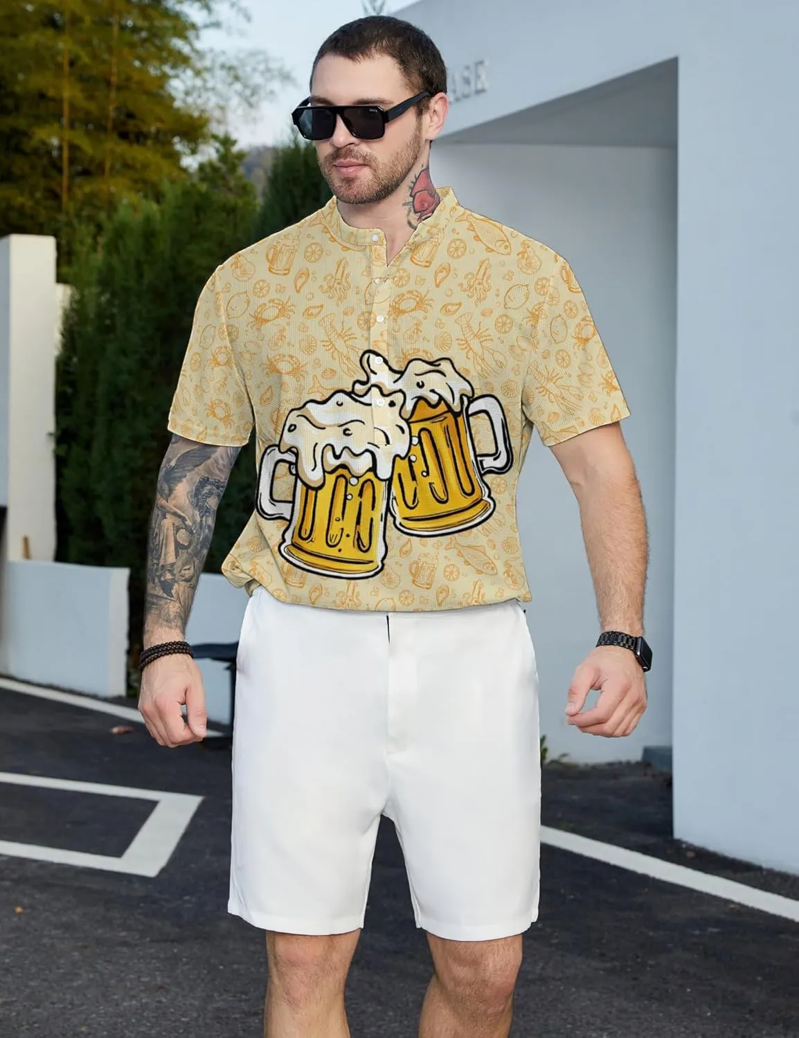 Hawaiian Mens Henley Polo Shirts Short Sleeve Quick Dry Funny Print Casual Collarless Golf Shirts for Men