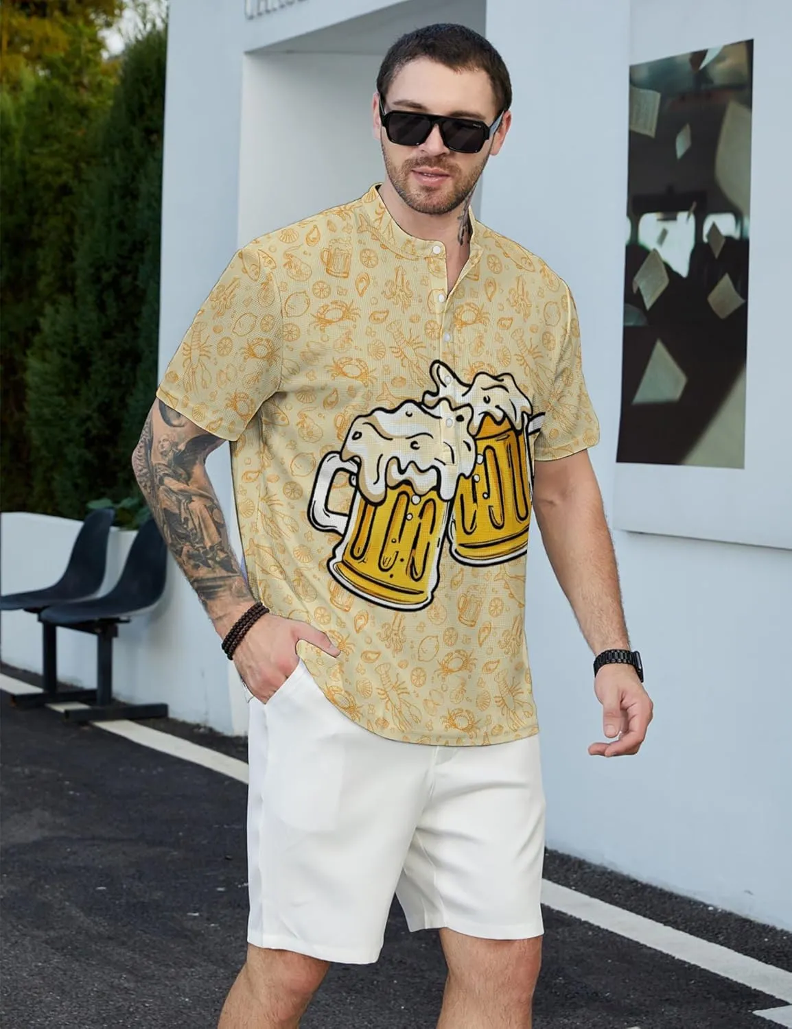 Hawaiian Mens Henley Polo Shirts Short Sleeve Quick Dry Funny Print Casual Collarless Golf Shirts for Men