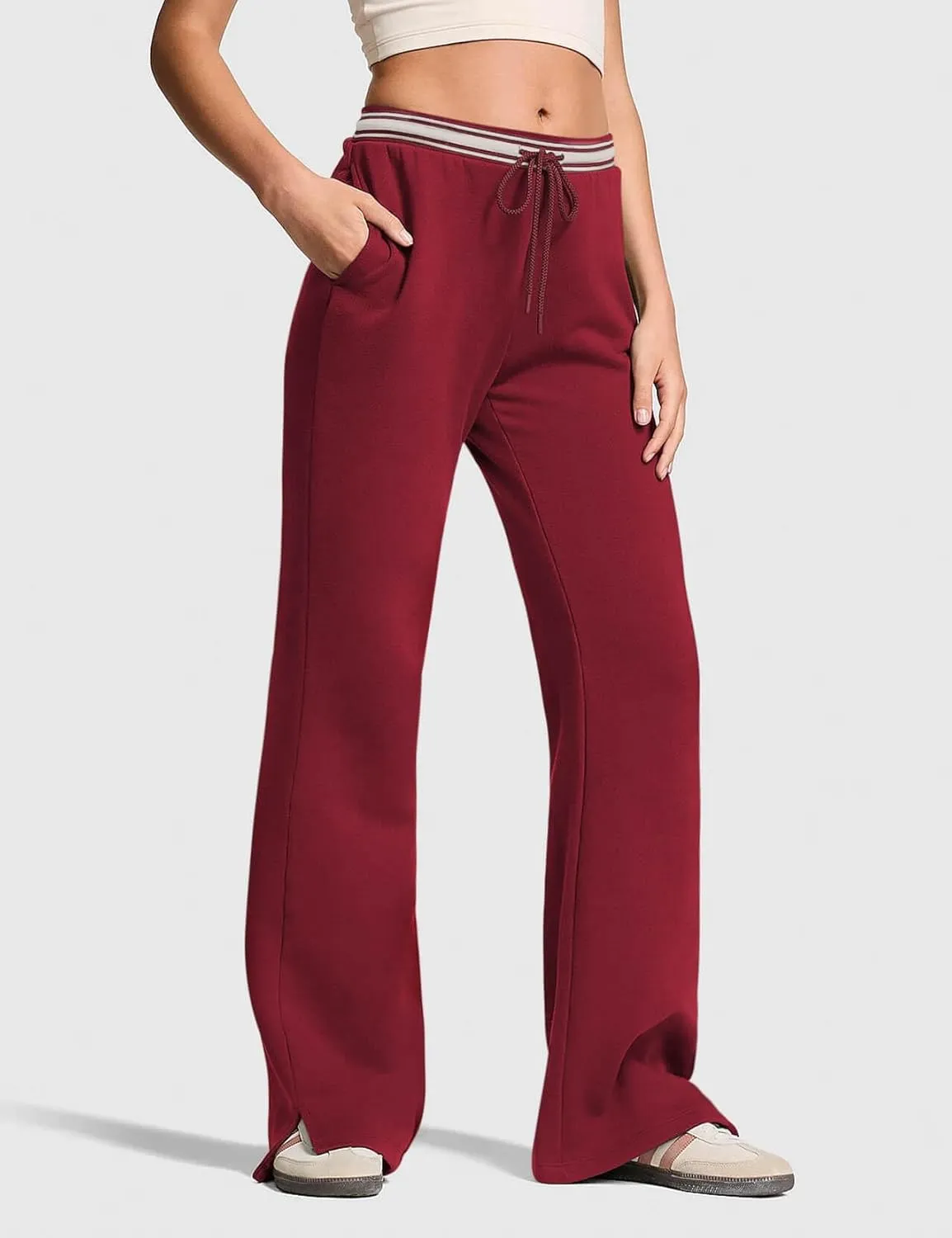 HeSaYep Women's Fleece Lined Sweatpants Winter Warm High Waisted Trousers Split Hem Flare Sweat Pants with Pockets