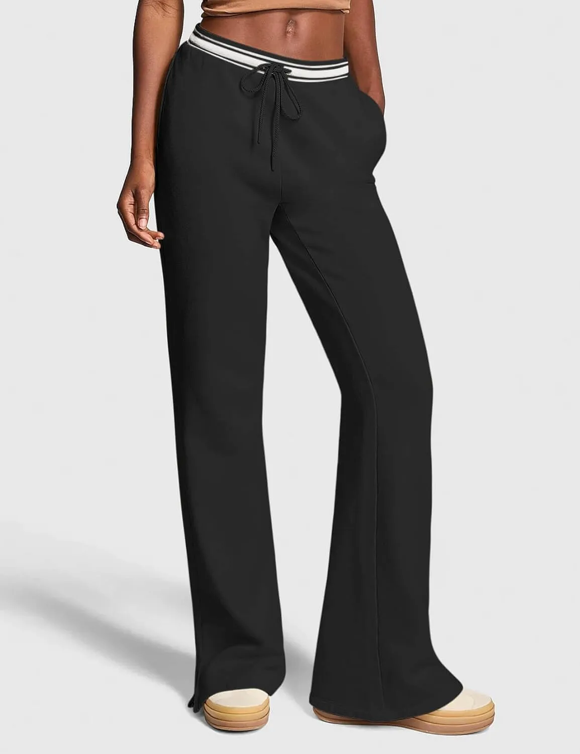 HeSaYep Women's Fleece Lined Sweatpants Winter Warm High Waisted Trousers Split Hem Flare Sweat Pants with Pockets