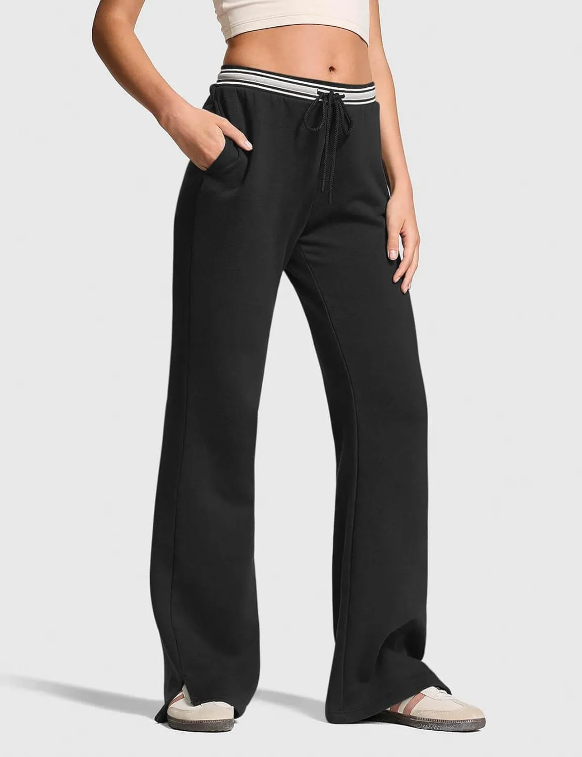 HeSaYep Women's Fleece Lined Sweatpants Winter Warm High Waisted Trousers Split Hem Flare Sweat Pants with Pockets