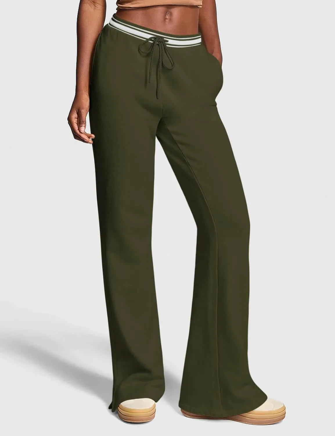 HeSaYep Women's Fleece Lined Sweatpants Winter Warm High Waisted Trousers Split Hem Flare Sweat Pants with Pockets