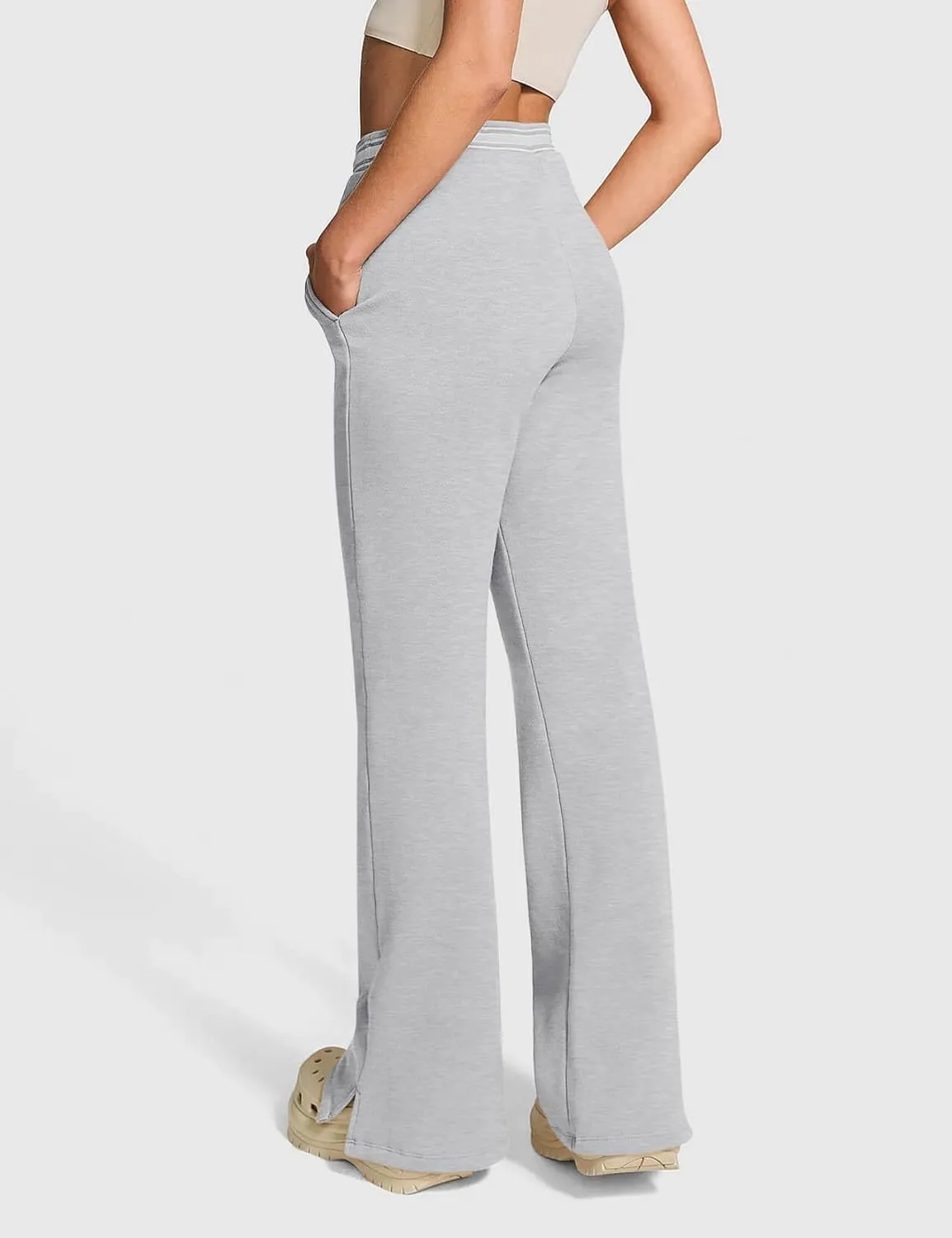 HeSaYep Women's Fleece Lined Sweatpants Winter Warm High Waisted Trousers Split Hem Flare Sweat Pants with Pockets