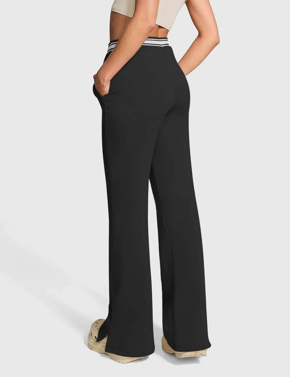 HeSaYep Women's Fleece Lined Sweatpants Winter Warm High Waisted Trousers Split Hem Flare Sweat Pants with Pockets