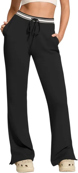 HeSaYep Women's Fleece Lined Sweatpants Winter Warm High Waisted Trousers Split Hem Flare Sweat Pants with Pockets