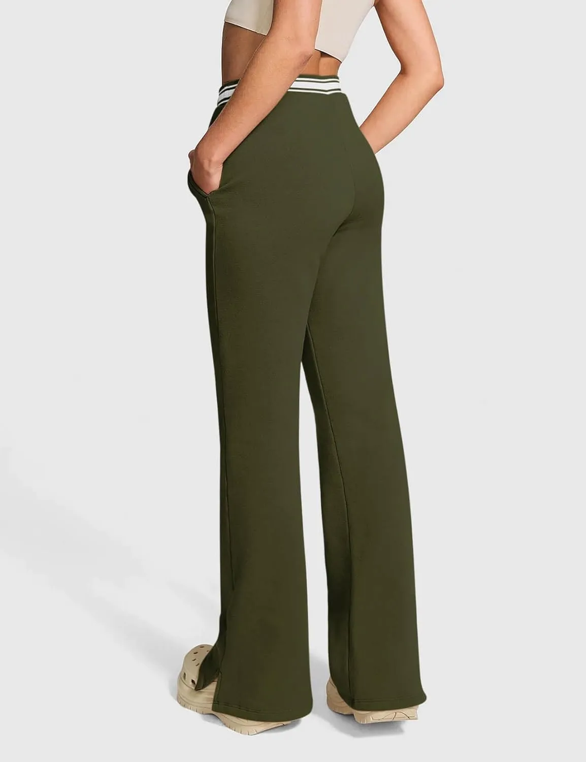 HeSaYep Women's Fleece Lined Sweatpants Winter Warm High Waisted Trousers Split Hem Flare Sweat Pants with Pockets