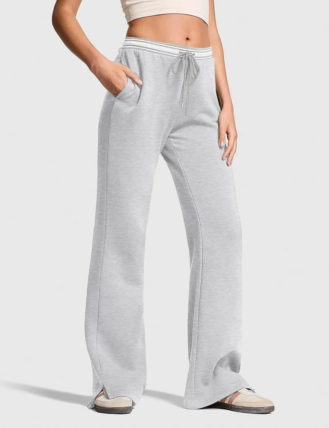HeSaYep Women's Fleece Lined Sweatpants Winter Warm High Waisted Trousers Split Hem Flare Sweat Pants with Pockets