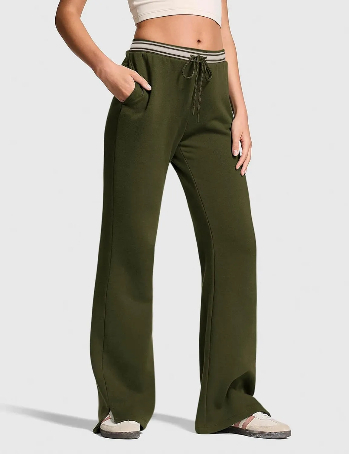 HeSaYep Women's Fleece Lined Sweatpants Winter Warm High Waisted Trousers Split Hem Flare Sweat Pants with Pockets