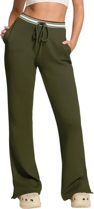 HeSaYep Women's Fleece Lined Sweatpants Winter Warm High Waisted Trousers Split Hem Flare Sweat Pants with Pockets