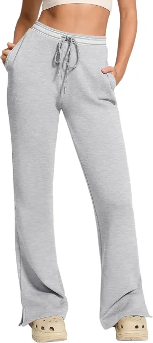 HeSaYep Women's Fleece Lined Sweatpants Winter Warm High Waisted Trousers Split Hem Flare Sweat Pants with Pockets