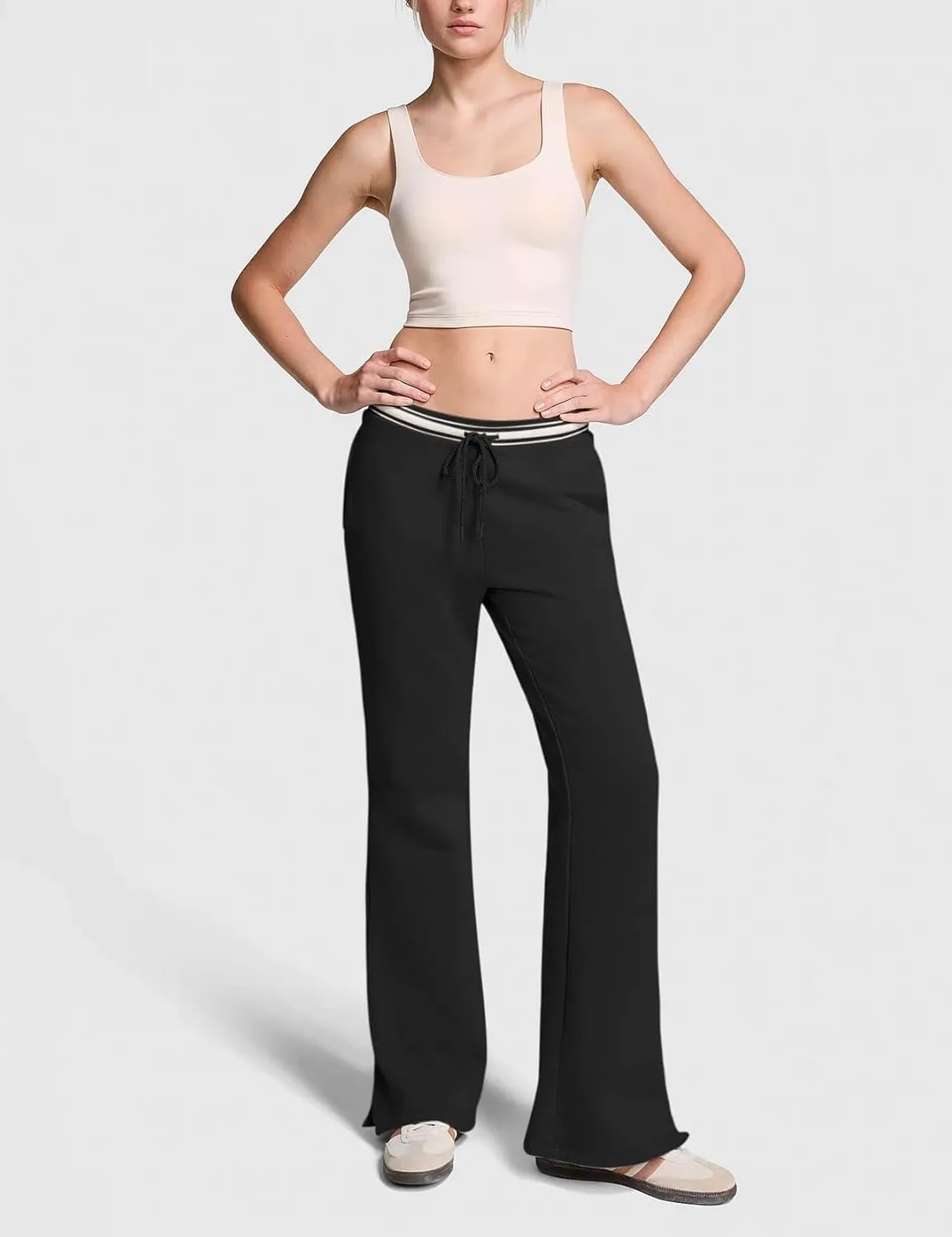 HeSaYep Women's Fleece Lined Sweatpants Winter Warm High Waisted Trousers Split Hem Flare Sweat Pants with Pockets