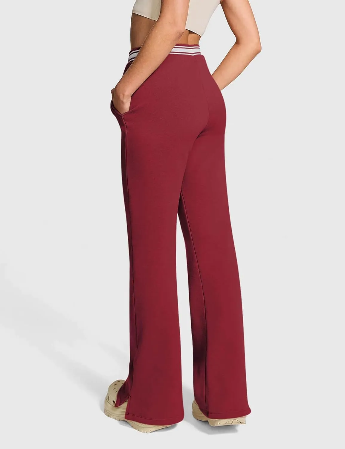 HeSaYep Women's Fleece Lined Sweatpants Winter Warm High Waisted Trousers Split Hem Flare Sweat Pants with Pockets