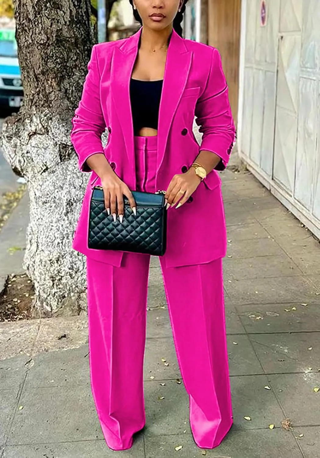 HuiSiFang Women's Business Casual Suits 2 Piece Dressy Blazer and Loose Straight Leg Pants Set