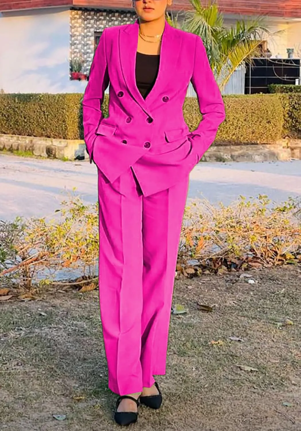 HuiSiFang Women's Business Casual Suits 2 Piece Dressy Blazer and Loose Straight Leg Pants Set
