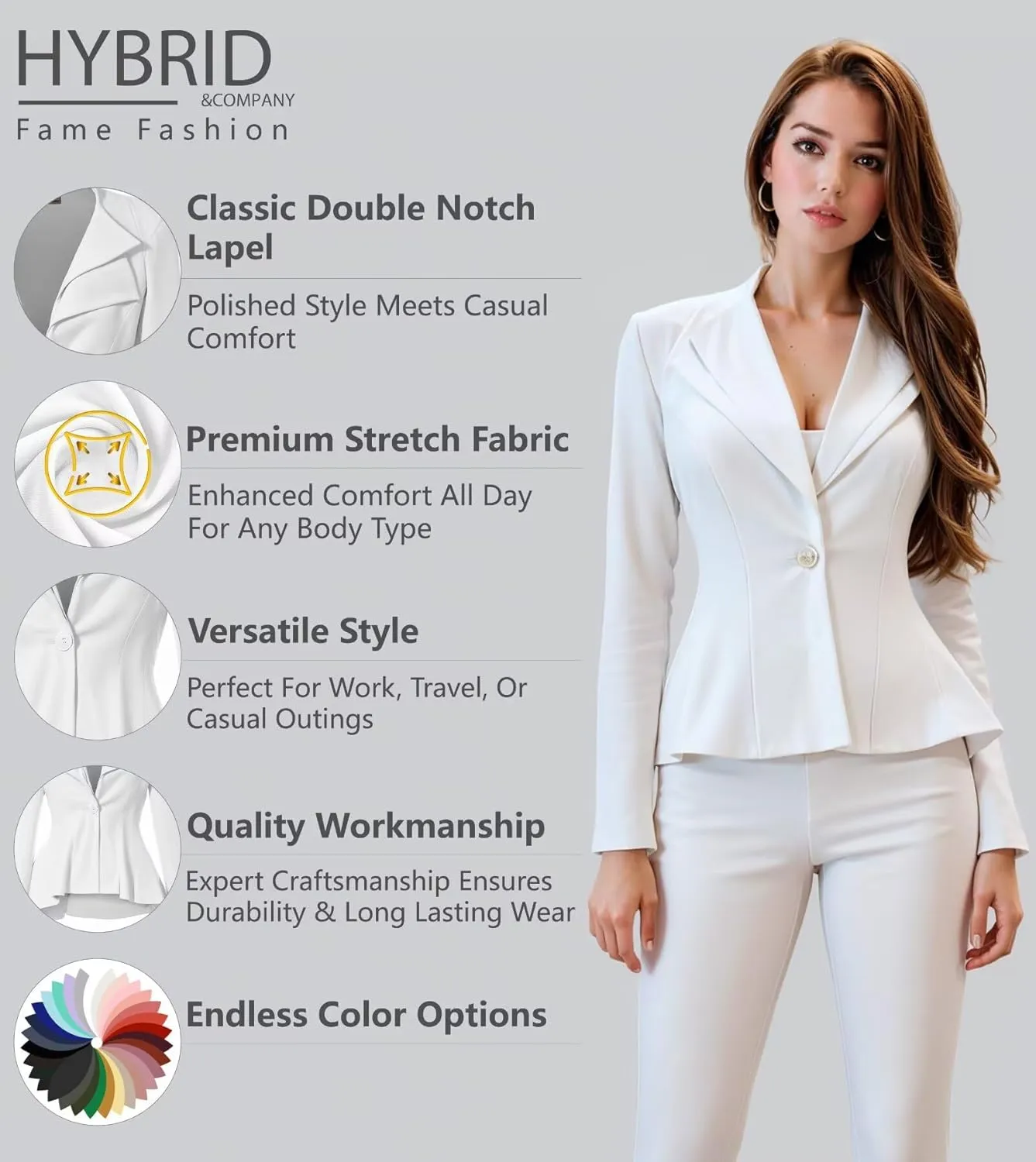 Hybrid & Company Women's Casual Work Office Dressy Double Lapel Single Button Peplum Comfortable Blazer