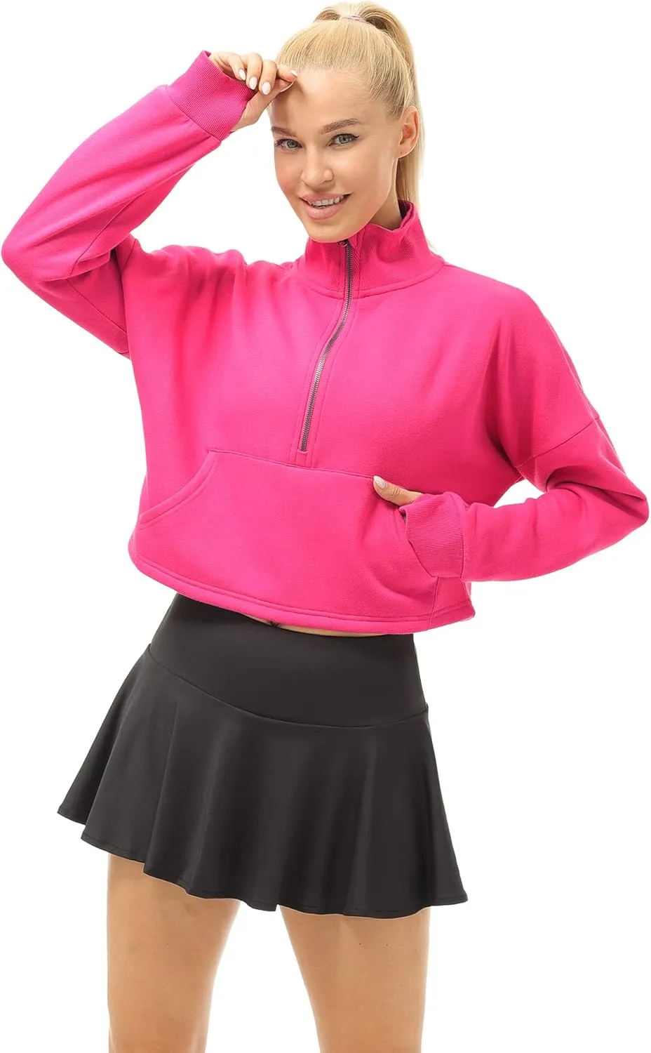 icyzone Fleece Lined Half Zip Pullover for Women with Pockets, Oversized Athletic Cropped Sweatshirt Warm Jacket
