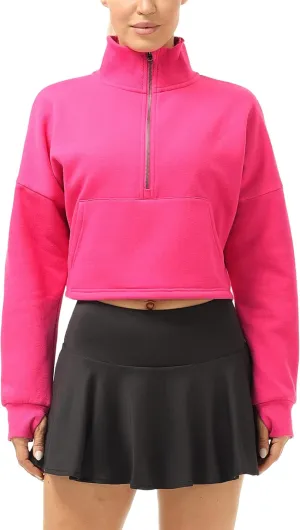 icyzone Fleece Lined Half Zip Pullover for Women with Pockets, Oversized Athletic Cropped Sweatshirt Warm Jacket