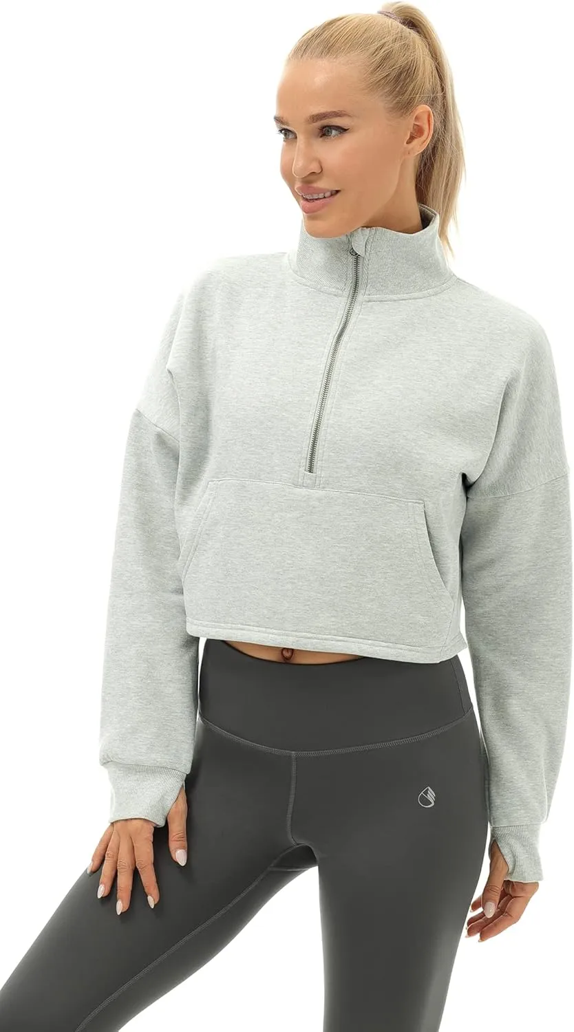 icyzone Fleece Lined Half Zip Pullover for Women with Pockets, Oversized Athletic Cropped Sweatshirt Warm Jacket