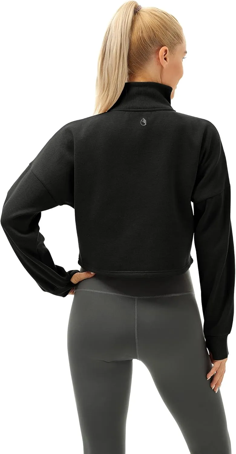 icyzone Fleece Lined Half Zip Pullover for Women with Pockets, Oversized Athletic Cropped Sweatshirt Warm Jacket