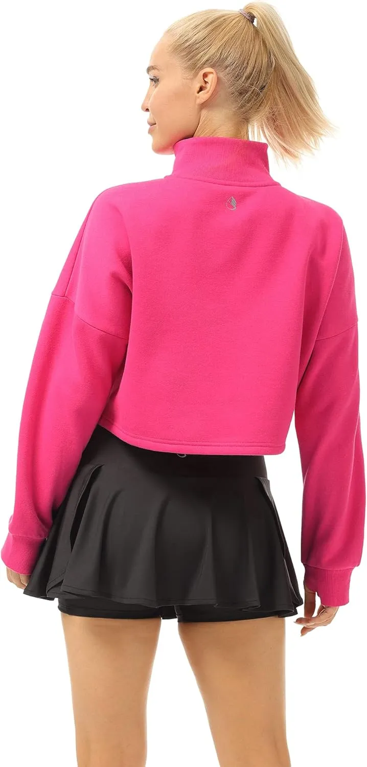 icyzone Fleece Lined Half Zip Pullover for Women with Pockets, Oversized Athletic Cropped Sweatshirt Warm Jacket