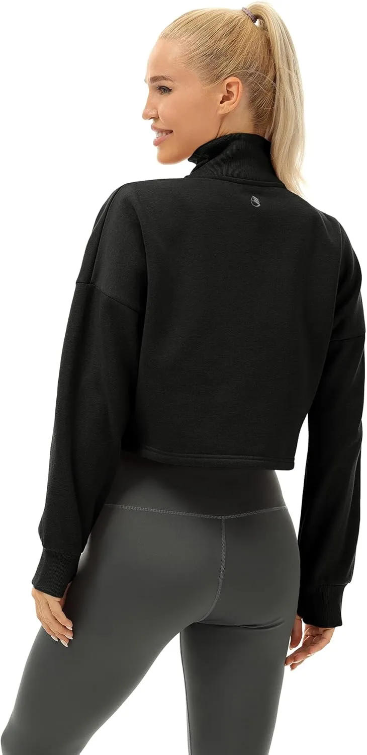 icyzone Fleece Lined Half Zip Pullover for Women with Pockets, Oversized Athletic Cropped Sweatshirt Warm Jacket