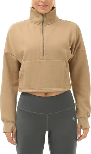 icyzone Fleece Lined Half Zip Pullover for Women with Pockets, Oversized Athletic Cropped Sweatshirt Warm Jacket