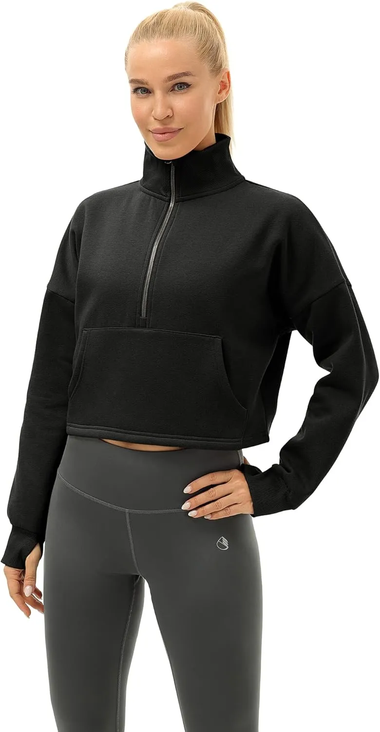 icyzone Fleece Lined Half Zip Pullover for Women with Pockets, Oversized Athletic Cropped Sweatshirt Warm Jacket