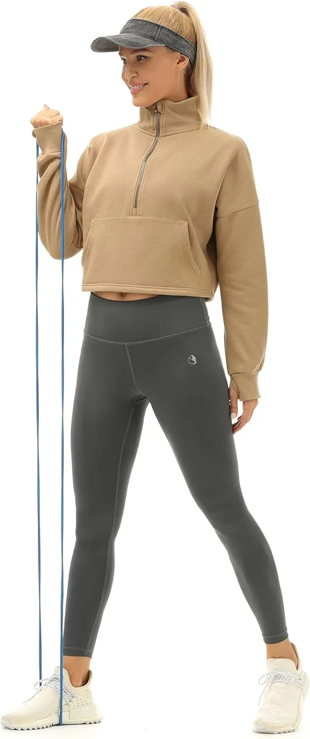 icyzone Fleece Lined Half Zip Pullover for Women with Pockets, Oversized Athletic Cropped Sweatshirt Warm Jacket